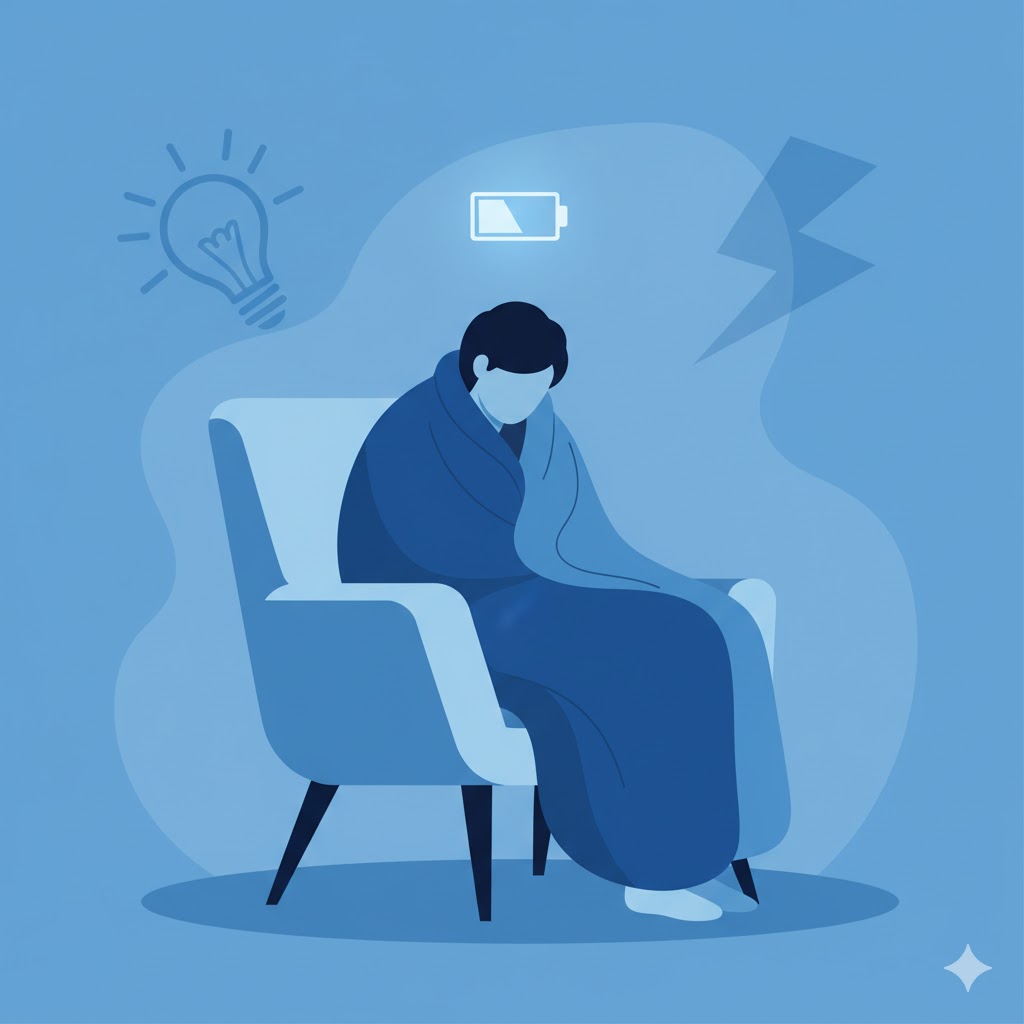 Illustration einer erschöpften Person in eine Decke gehüllt, mit leerem Akku-Symbol über dem Kopf